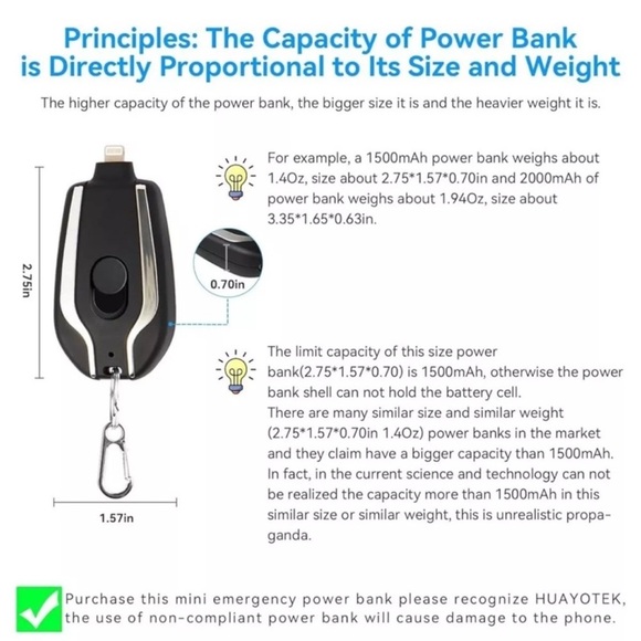 Mini Keychain Power Bank 1500mAh Battery for iPhone Android Phone Portable - Picture 3 of 6